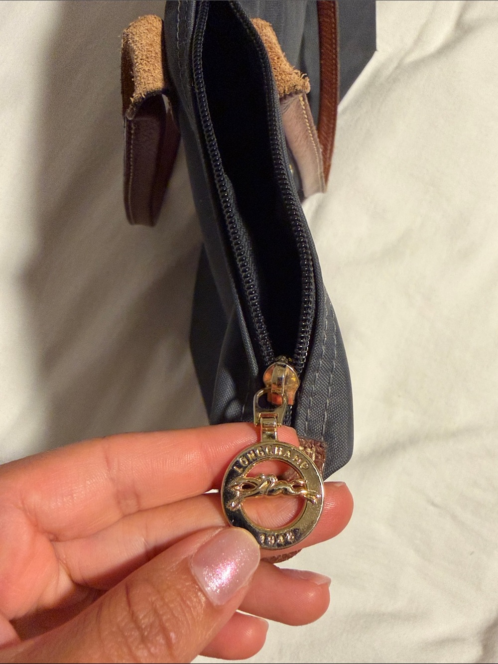 Longchamp Navy Nylon Tote with Brown Leather Trim - Picture 4 of 7